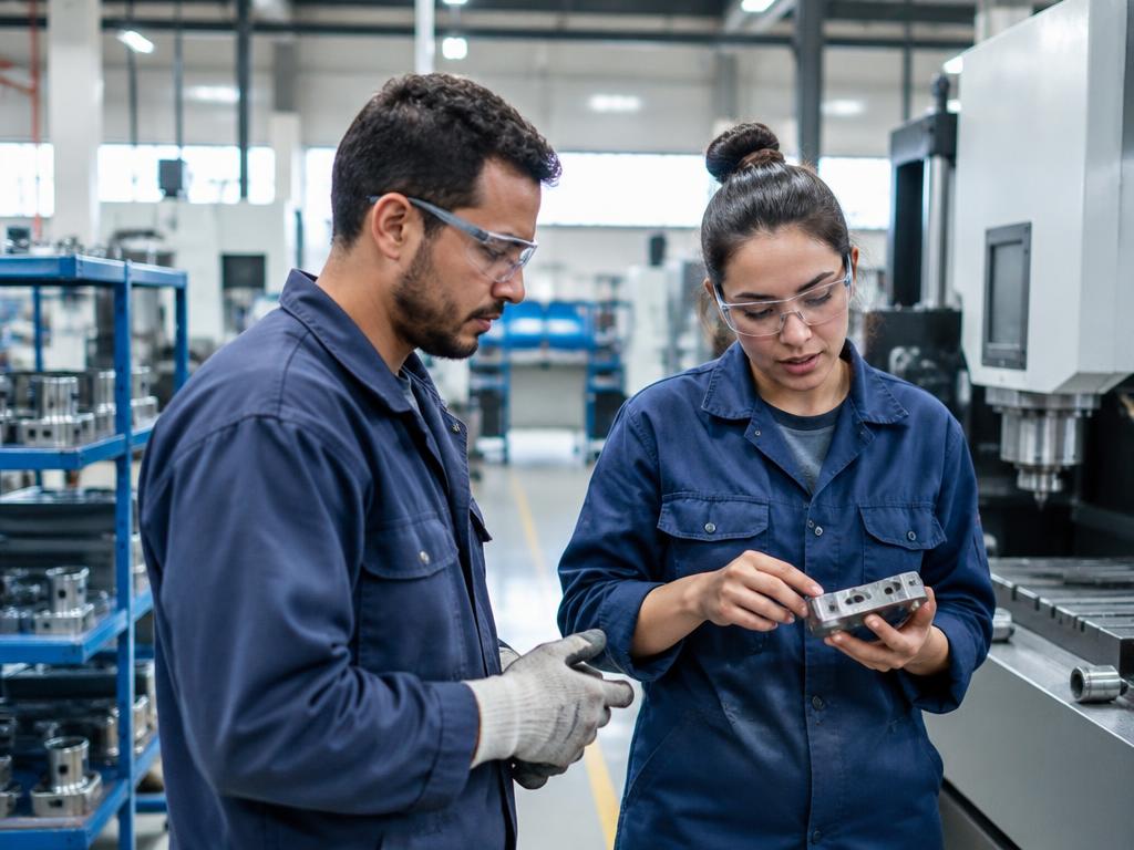 Equipe colaborando na produção industrial